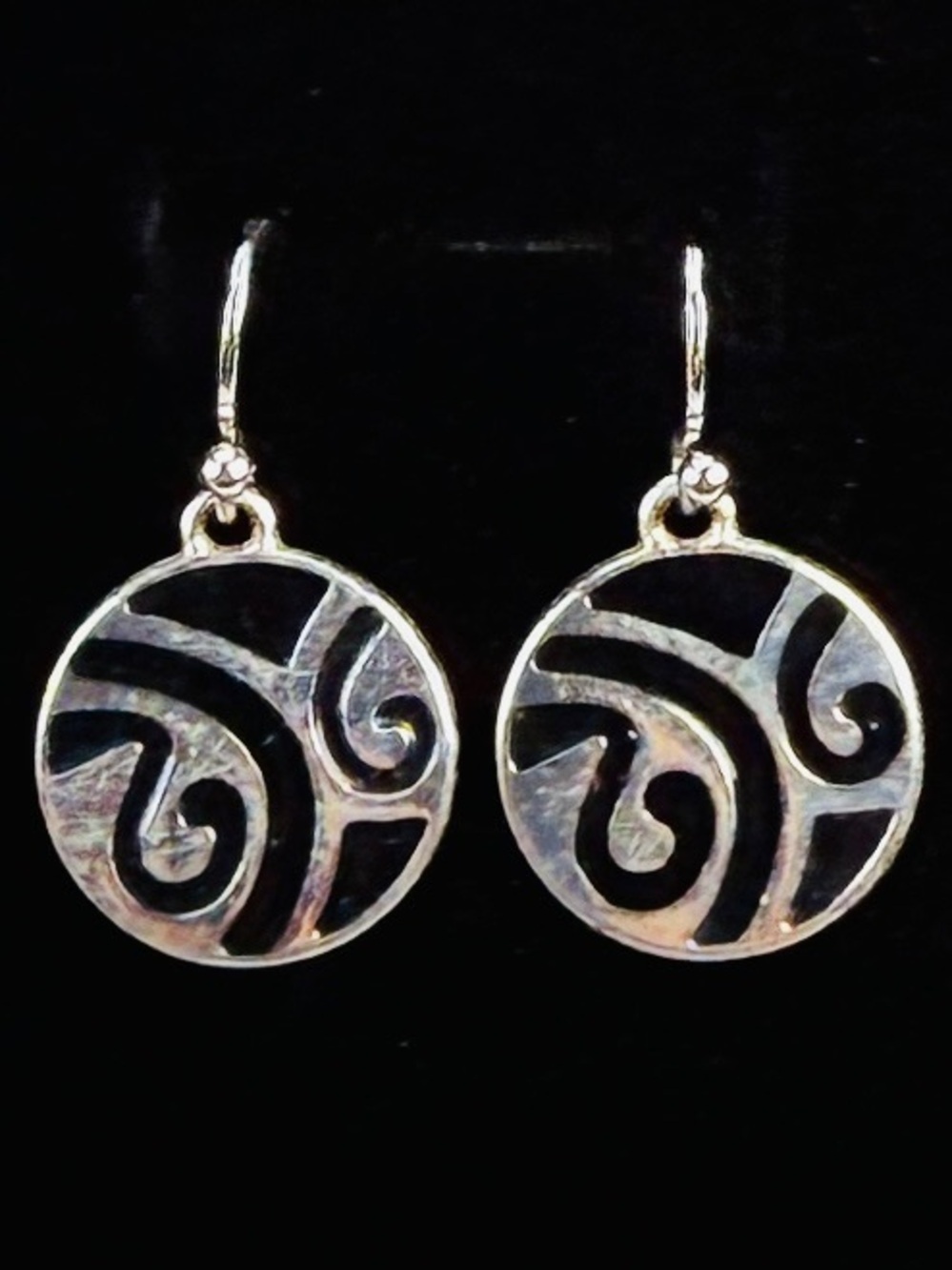 Silvertone Black Swirl Circle Pieced Earrings
